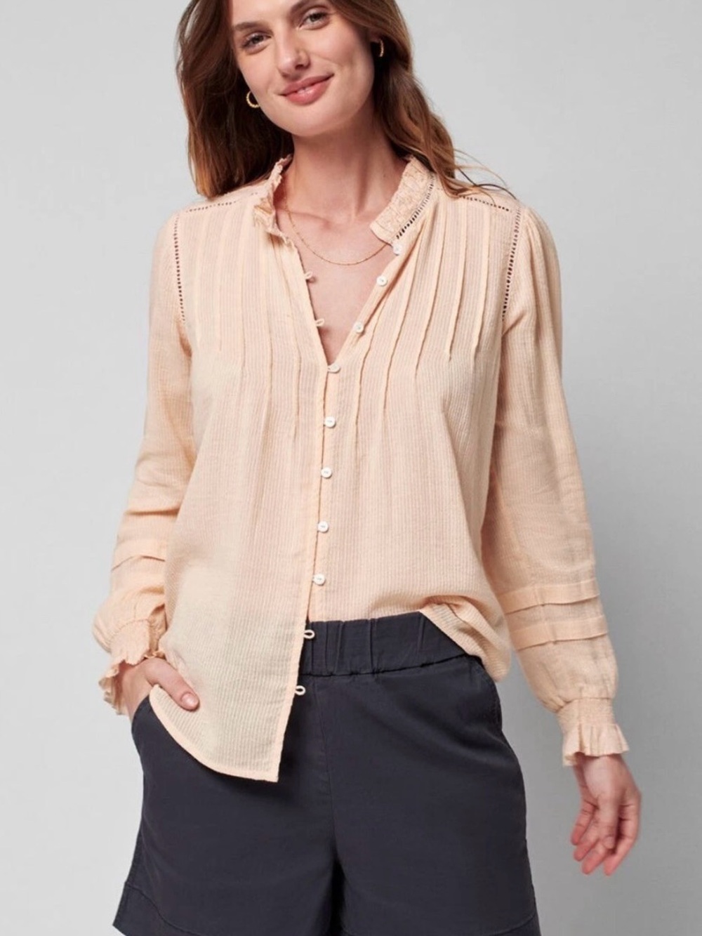 Faherty Women's Small Willa Top Shirt Organic Pintuck Peach